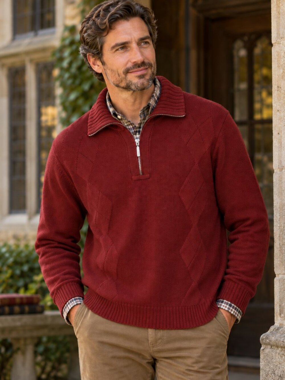 Geoffrey Beene Mens Quarter Zip Sweater XL Maroon Diamond Knit Preppy Academia